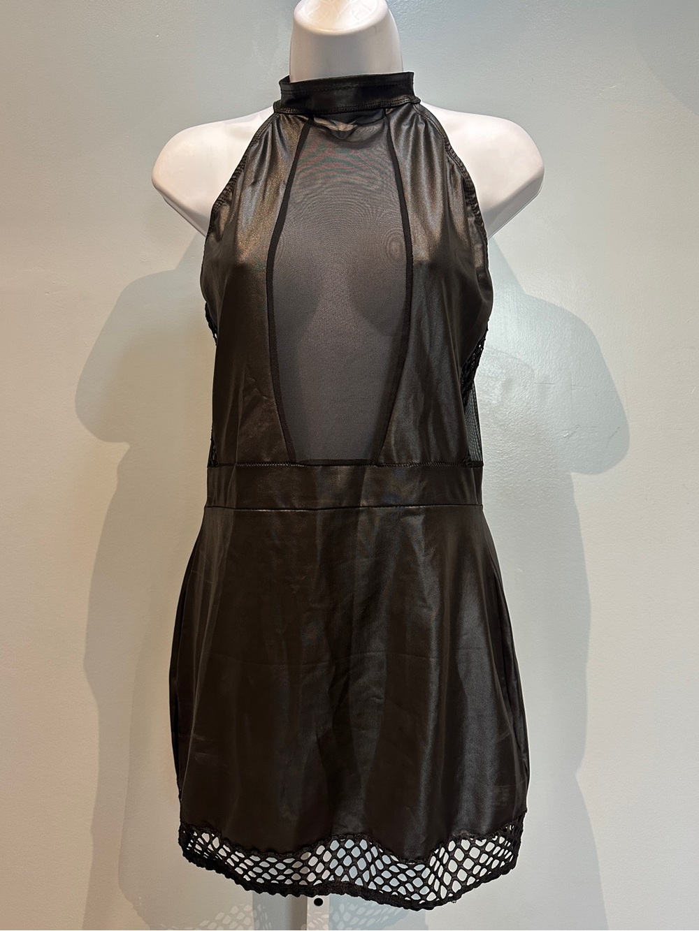 Allure Lingerie Kitten Plus Black Faux Leather Sheer Fishnet Dress Size OSX NWOT
